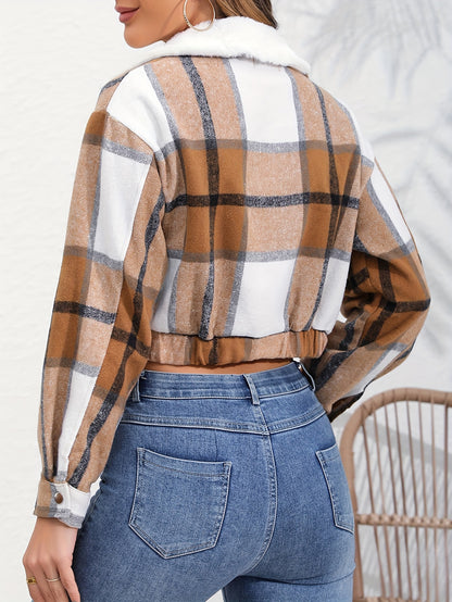 Button Plaid Faux Fur Collar Jacket, Casual Long Sleeve Crop Jacket For Fall & Winter, Women's Clothing