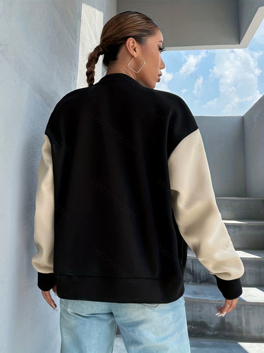 Varsity Jacket with Letter Patch - Relaxed Fit Drop Shoulder, Stylish Two-Tone, Casual Outwear for Spring & Fall, Perfect for Womens Daily Wear
