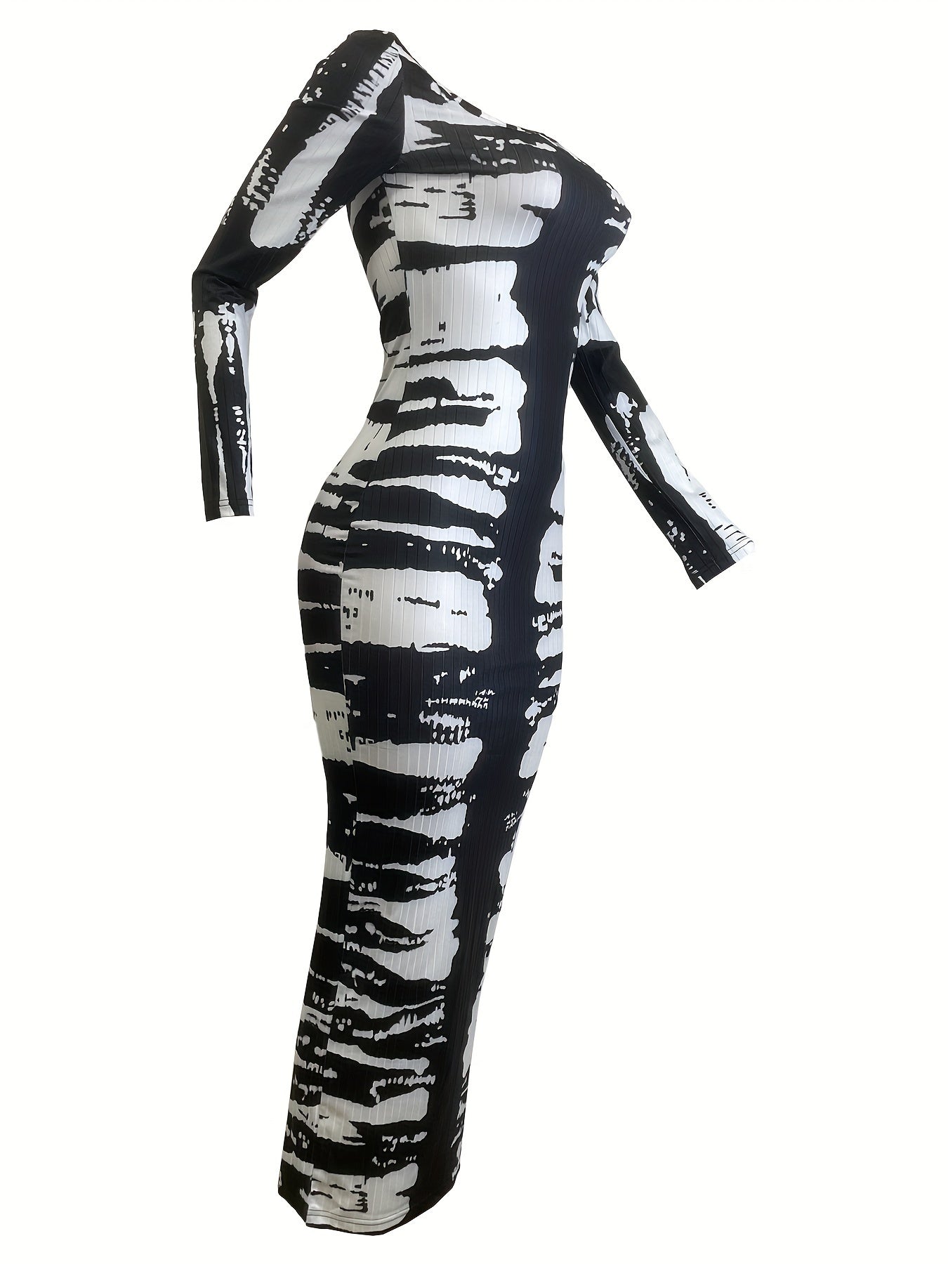 Chic Off-Shoulder Geometric Print Dress with High Slit - Stretchy Polyester & Spandex Blend, Machine Washable - Perfect for Fall/Winter