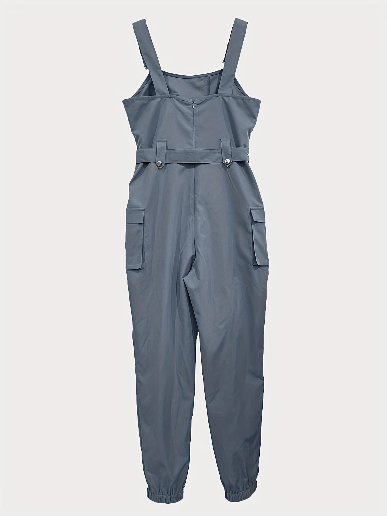 Solid Flap Pocket Cargo Jumpsuit, Casual Sleeveless Belted Flap Detail Jumpsuit, Women's Clothing