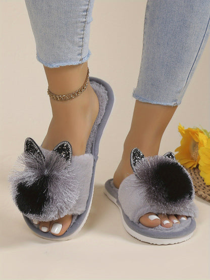 [Cute Slippers] Soft Women's Slip-On Slippers | All-Season Indoor House Shoes with Plush Faux Fur Trim & Sparkling Embellishments - Cute Slippers, Loungewear Essentials, Playful Design, Durable EVA Sole