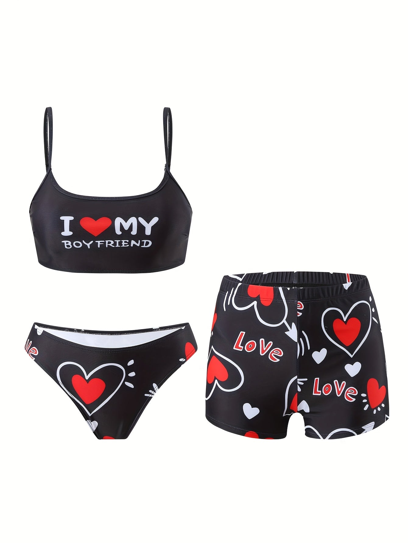 Women'S 3pcs Bikini Set, Sexy High Stretch Knit Fabric, Polyester 82% Elastane 18%, All Over Heart Print, Love My Boyfriend & Love Pattern, 200g/m², for Running & Swimming
