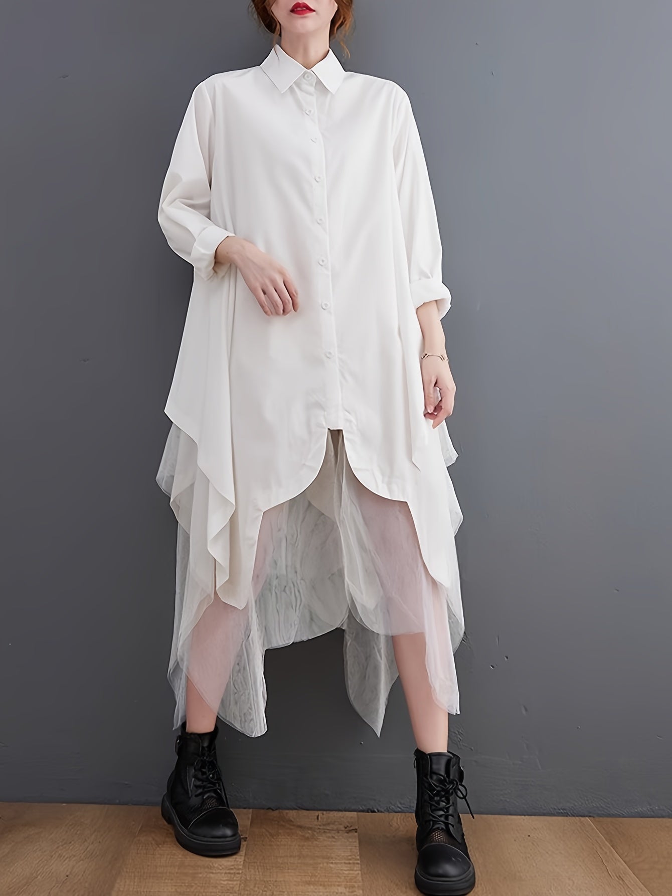 Asymmetric Hem Button Front Shirt, Stylish Long Sleeve Contrast Mesh Loose Blouse For Spring & Fall, Women's Clothing