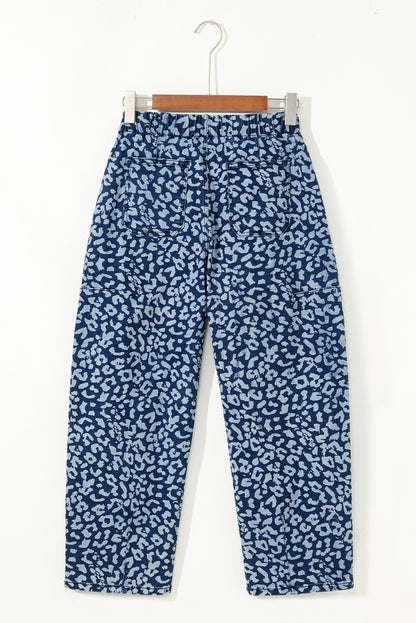Blue Leopard Printed Drawstring Elastic Waistband Pocketed Wide Leg Jeans