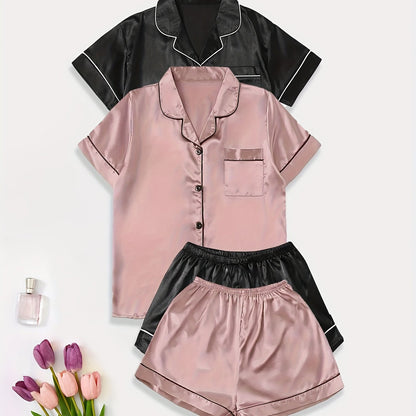 2 Sets of Ultra-Soft Satin Women's Casual Pajama Sets - Short Sleeve Buttons Lapel Top & Shorts with Comfortable Relaxed Fit, Breathable Fabric, and Cozy Sleepwear Experience for a Restful Night's Sleep