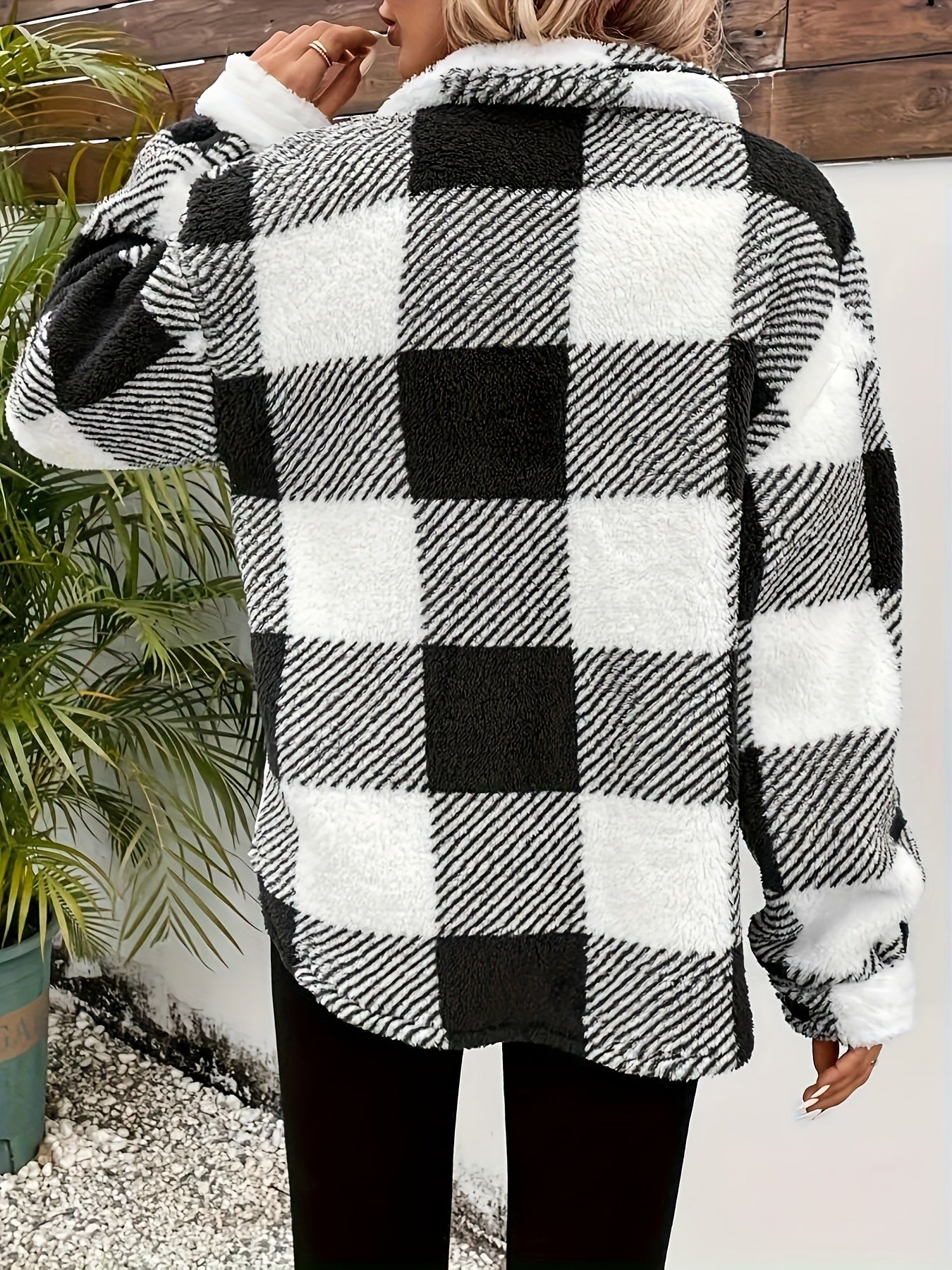 Cozy Plaid Teddy Jacket - Soft Thermal Long Sleeve, Flap Pockets, Button Front, Casual Chic Coat for Fall & Winter - Women's Warm Clothing for Everyday Wear