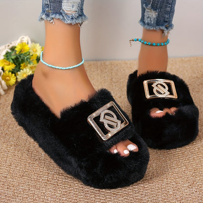 Women's Plush Slippers with Metallic Buckle - Thick Sole, Faux Furry Material, Black/Brown/Grey, Comfortable Indoor Shoes for All Seasons, House Slippers
