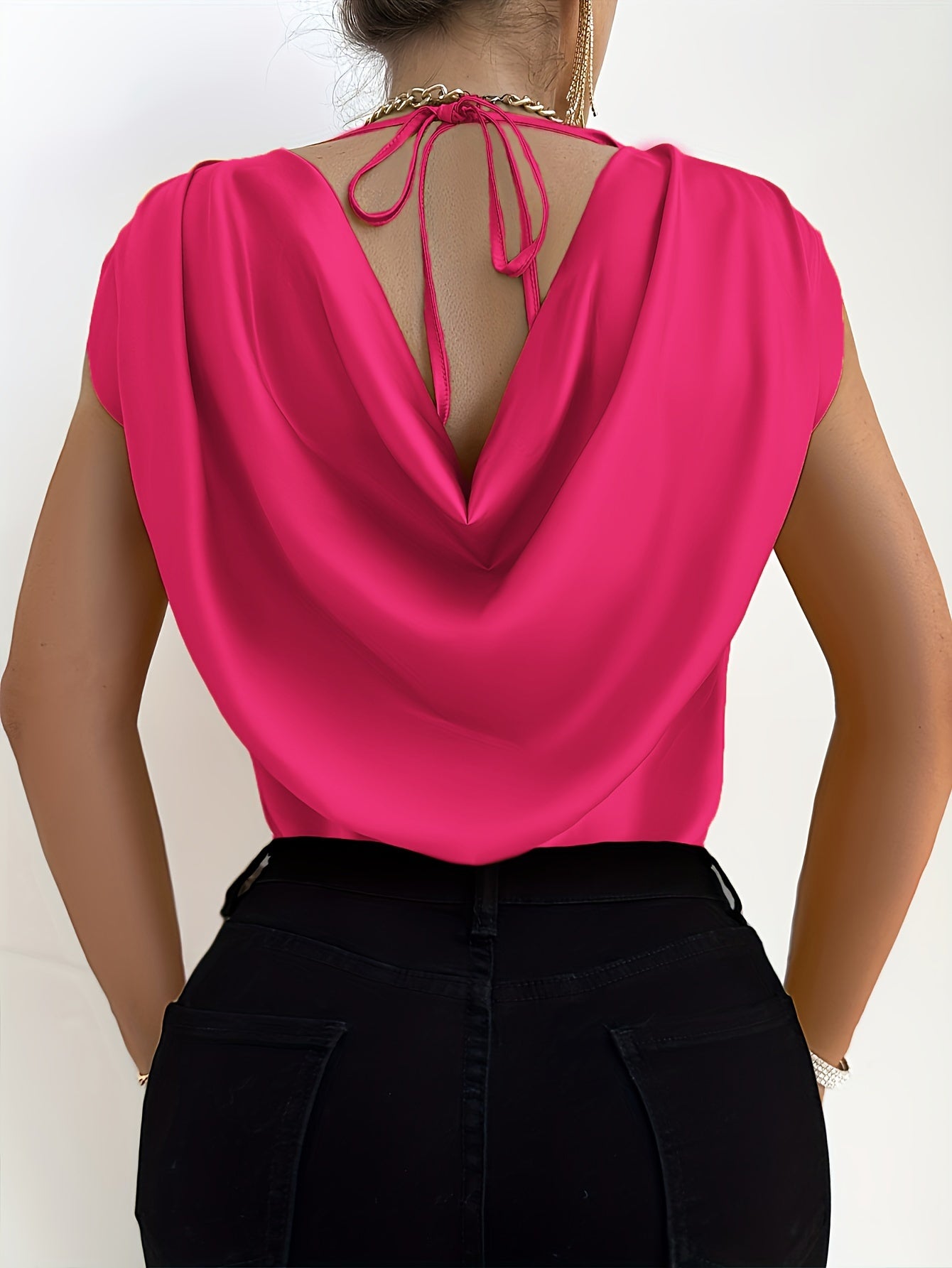Solid Color Crew Neck Blouse, Elegant Short Sleeve Draped Tie Back Blouse For Spring & Summer, Women's Clothing