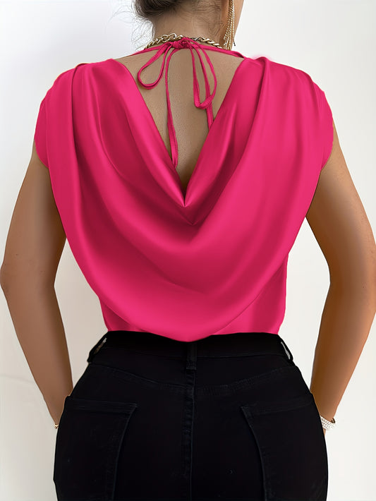 Solid Color Crew Neck Blouse, Elegant Short Sleeve Draped Tie Back Blouse For Spring & Summer, Women's Clothing