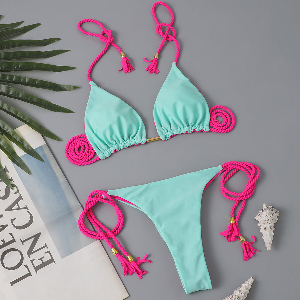 Triangle Halter Neck Bikini Sets, V Neck Tie Back Tie Side Backless High Cut Two Pieces Swimsuit, Women's Swimwear & Clothing Koningsdag/King's Day