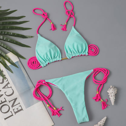 Triangle Halter Neck Bikini Sets, V Neck Tie Back Tie Side Backless High Cut Two Pieces Swimsuit, Women's Swimwear & Clothing Koningsdag/King's Day