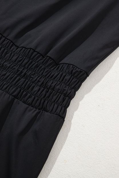 Black Plain Sleeveless Loop Drawstring Cinched Waist Romper