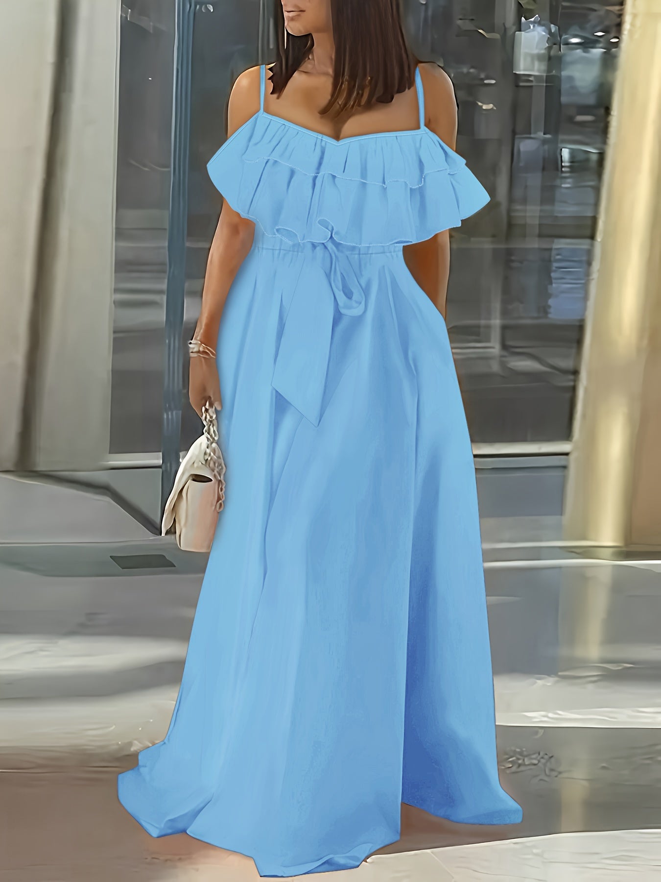 Vibrant Ruffle Trim Cami Dress - Sleeveless, Tie-Waist, Maxi Length, Flowy, Feminine, Summer Essential for Women - Perfect for Outdoor, Party, and Daily Wear