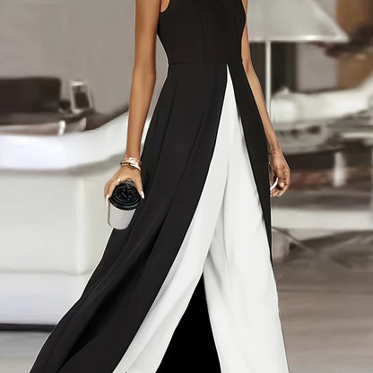 Color Block Crew Neck Jumpsuit, Elegant Sleeveless Wide Leg Jumpsuit For Spring & Summer, Women's Clothing