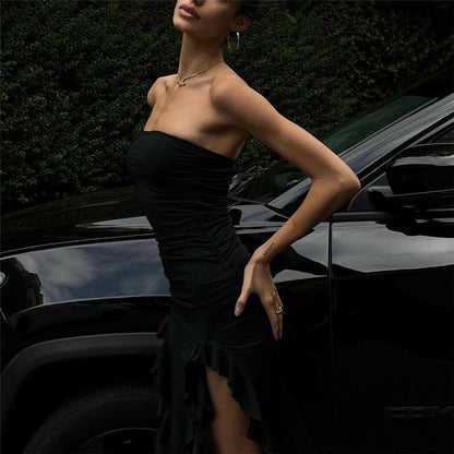 Ruffle Trim Split Dress, Sexy Off Shoulder Bodycon Party Club Dress, Women's Clothing