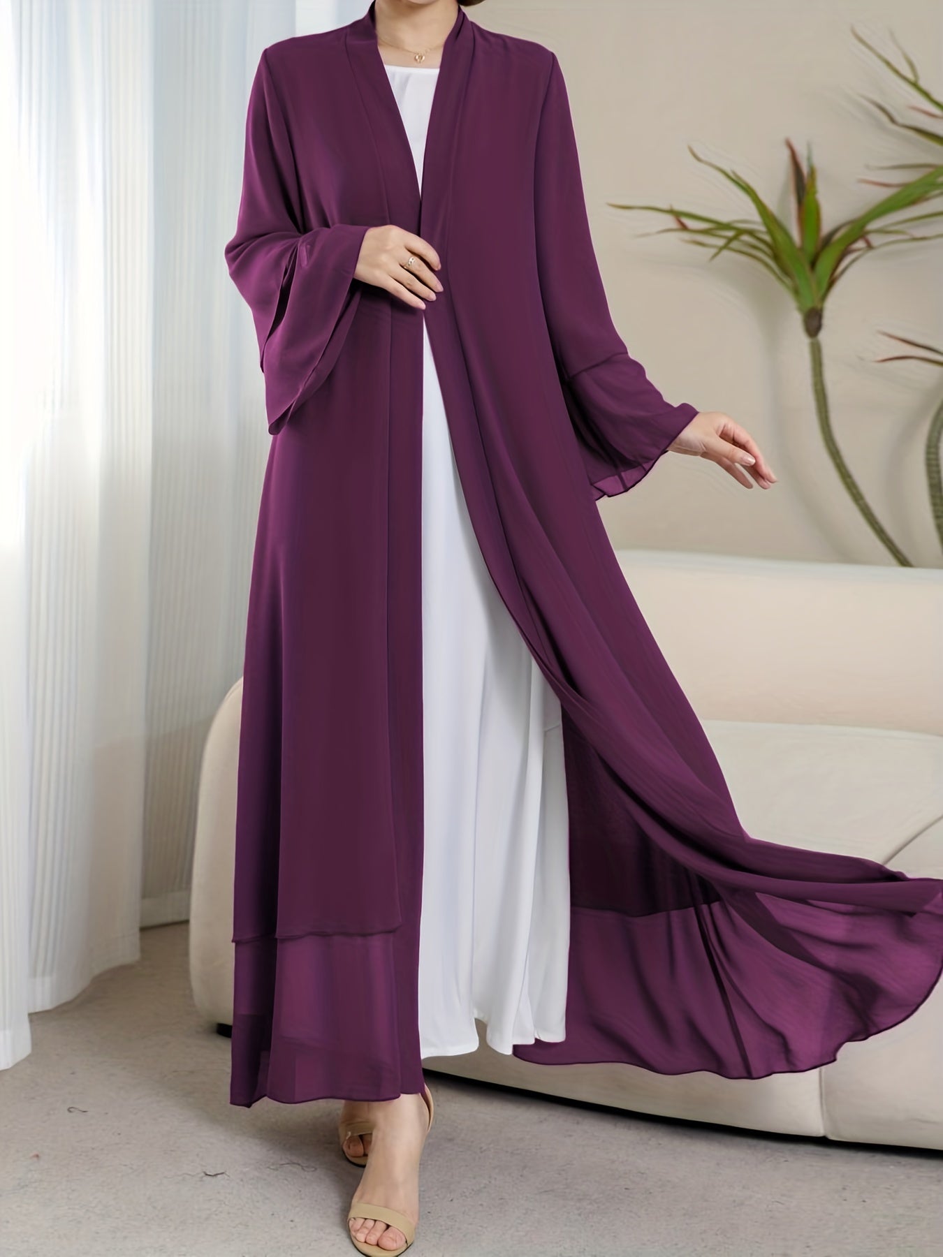 Ramadan Islamic Modest Dress Without Hijab, Long Sleeve Open Front Casual Modest Muslim Dress, Women's Clothing