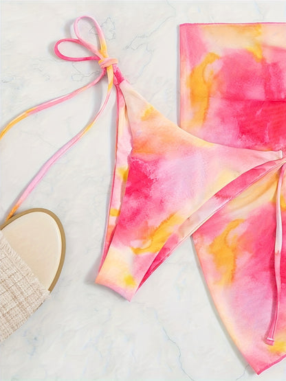 Vibrant Tie Dye Halter Bikini Set - Adjustable 3 Piece Swimwear with Backless Triangle Top & Flowy Cover Up Wrap for Women