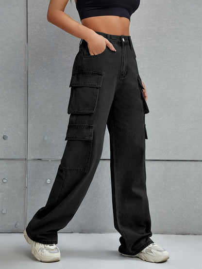 Plain Flap Pockets Cargo Pants, Loose Fit Non-Stretch Y2K & Kpop Style Straight Jeans, Women's Denim Jeans & Clothing