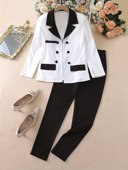 Color Block Two-piece Set, Casual Button Front Blazer & Straight Leg Pants Outfits, Women's Clothing