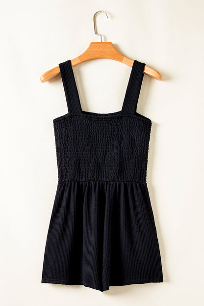 Black Smocked Bust Textured Knit Sleeveless Romper