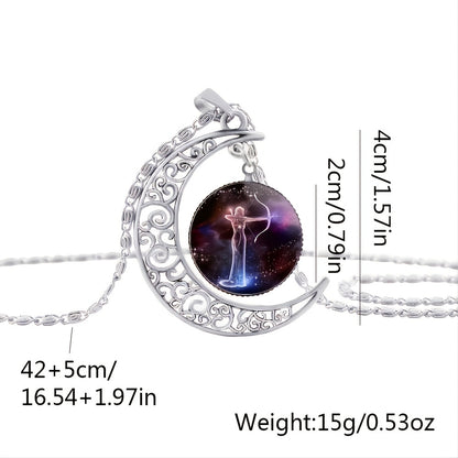 Twelve Zodiac Constellations Moon Phase Necklace - Timeless Gemstone Pendant with Adjustable Chain - Unique Personality Jewelry and Birthday Gift Idea for Women and Girls
