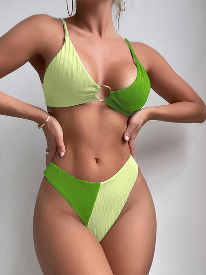 Women'S Sexy Striped High-Slit Bikini Set, V-Neck Knit Fabric Swimwear, Polyester 82% & Elastane 18%, Solid Color, Slight Stretch, Sleeveless, 220gsm - Summer Beachwear
