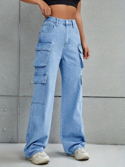 Plain Flap Pockets Cargo Pants, Loose Fit Non-Stretch Y2K & Kpop Style Straight Jeans, Women's Denim Jeans & Clothing
