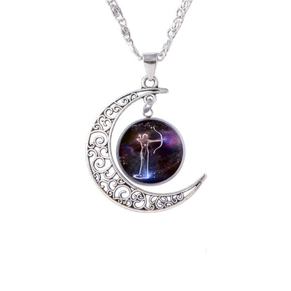 Twelve Zodiac Constellations Moon Phase Necklace - Timeless Gemstone Pendant with Adjustable Chain - Unique Personality Jewelry and Birthday Gift Idea for Women and Girls