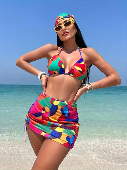 1set Women'S Geometric-Patterned Bikini Set, High Stretch Polyester Knit Fabric, 82% Polyester 18% Elastane, Colorful Printed Two-Piece Swimsuit with Lace-Up Detail