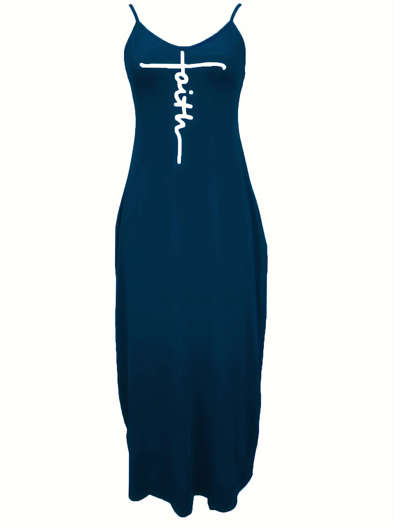 Faith Print Backless Dress, Casual Spaghetti Strap V Neck Loose Dress, Women's Clothing