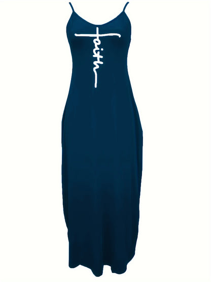 Faith Print Backless Dress, Casual Spaghetti Strap V Neck Loose Dress, Women's Clothing