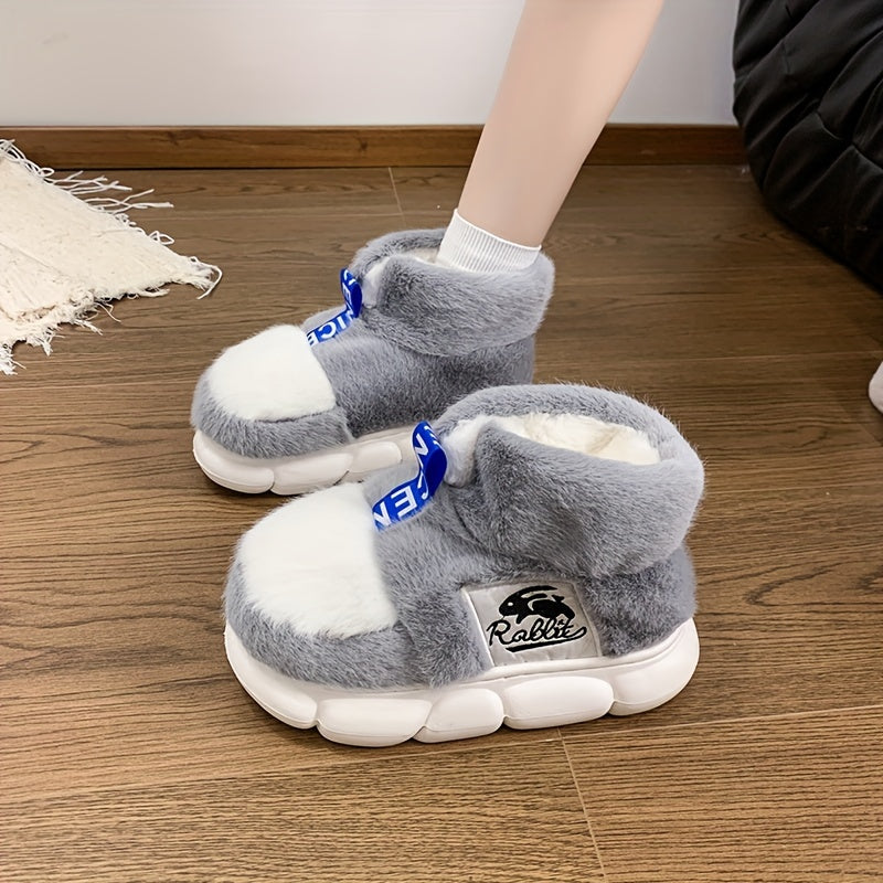 [Soft Pink Slippers] Warm Non-Slip Unisex Winter Slippers with Thick EVA Sole | Plush Fleece Indoor/Outdoor Shoes, Soft Pink Cartoon Rabbit Design for Men & Women