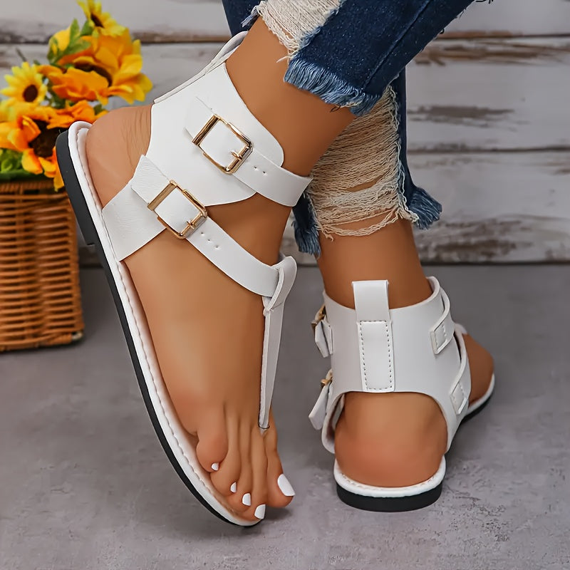 Women's Solid Color Thong Sandals, Buckle Belts Soft Sole Lightweight Casual Shoes, Non-slip Summer Beach Shoes
