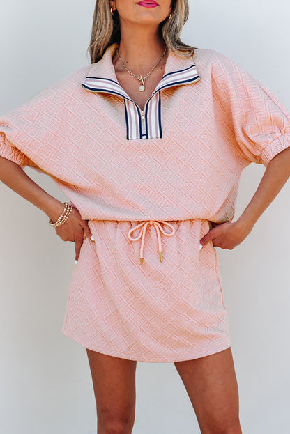 Light Pink Striped Collared Zip up Textured Skirt Set