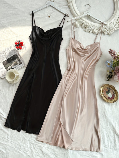 2 Pcs Women's Elegant Solid Satin Sleepwear Dress, Turtleneck Side Split Backless Midi Slip Dress, Comfortable Nightgown