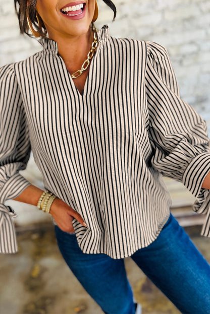 Black Stripe Knotted Cuff Long Sleeve V Neck Blouse