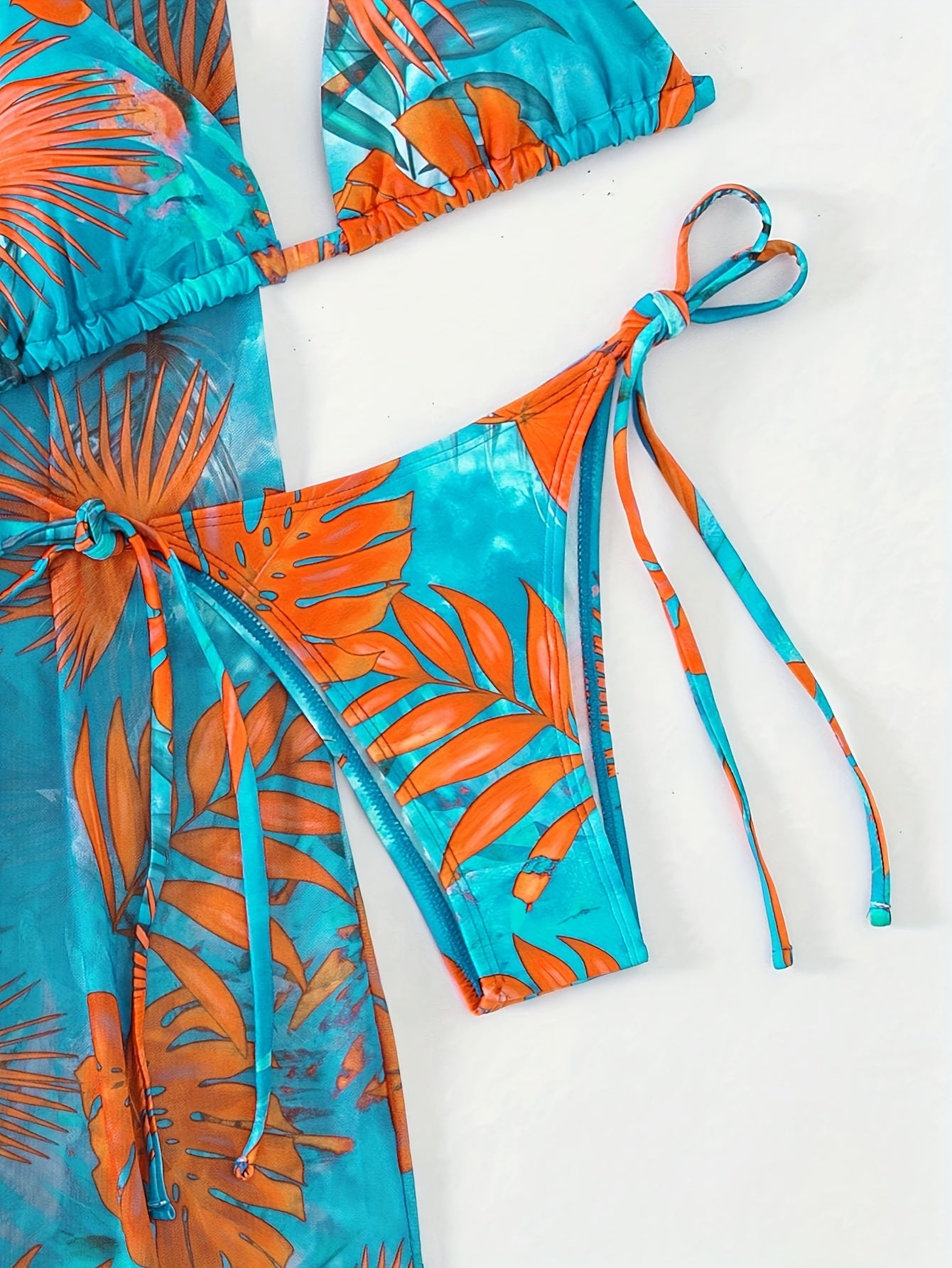 3 Piece Leaf Print Ruffled Tie Back Triangle Bikini Set - Stylish Women's Swimwear with Cover Up, Comfortable and Flattering Design - Perfect for Beach and Pool Time