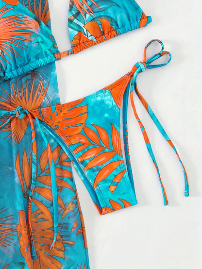3 Piece Leaf Print Ruffled Tie Back Triangle Bikini Set - Stylish Women's Swimwear with Cover Up, Comfortable and Flattering Design - Perfect for Beach and Pool Time