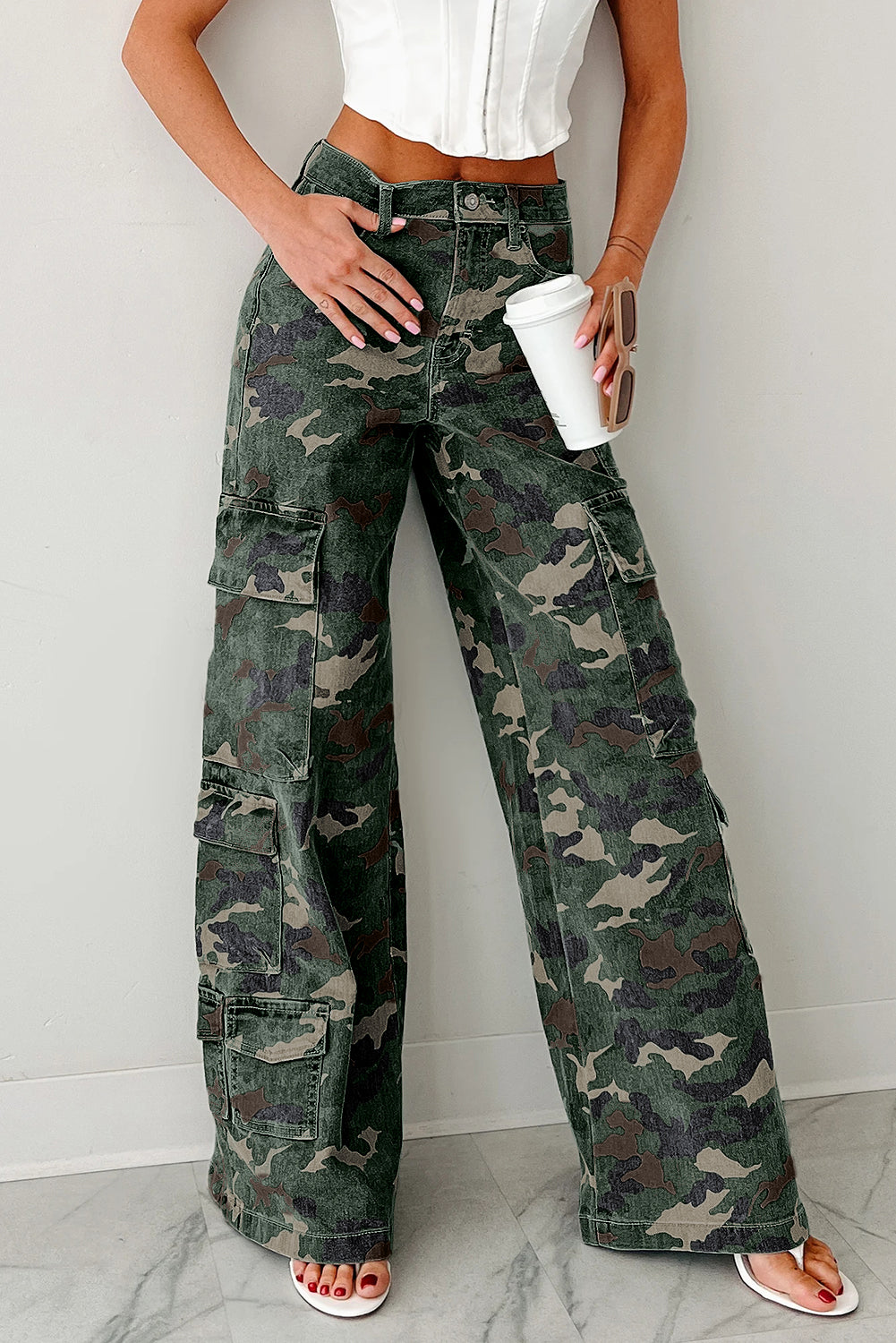 Green Camo Denim Cargo Wide Leg Pants