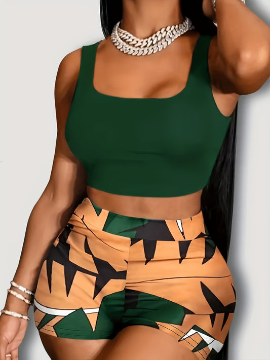 Womens Hawaii Beach Vacation Set - Vibrant Numerical Print Tank Tops & Shorts, 2-Piece Comfortable Ensemble for Stylish Holiday Wear