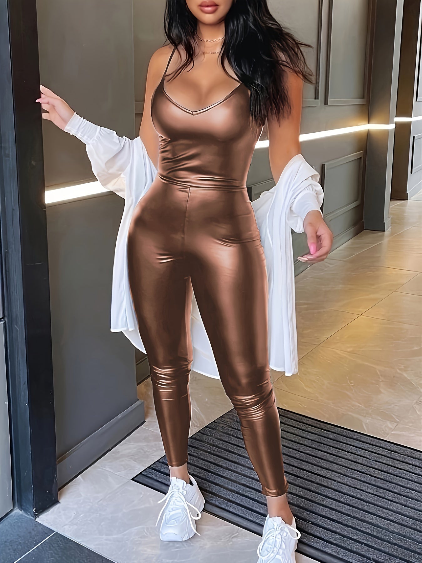 V Neck Cami Jumpsuit, Casual Sleeveless Slim Jumpsuit For Spring & Summer, Women's Clothing