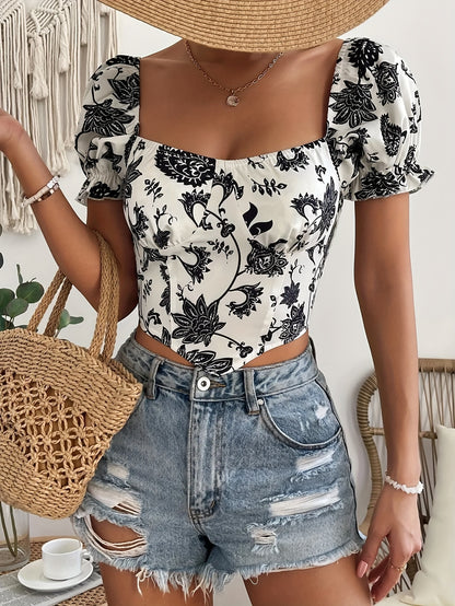 Floral Print Sweetheart Neck Blouse, Elegant Short Puff Sleeve Hanky Hem Shirred Crop Top For Spring & Summer, Women's Clothing