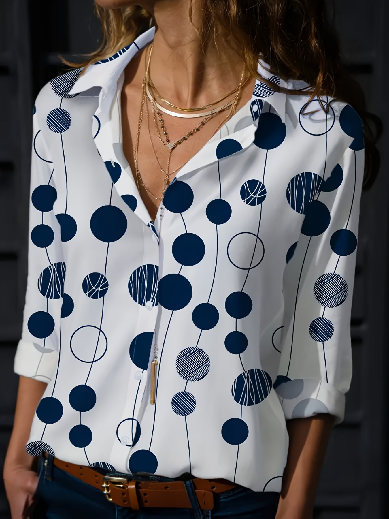 Print Women's Navy Blue & White Polka Dot Shirt - Long Sleeve Button-Up Collared Blouse, Regular Fit Machine Washable All-Season Top for Casual & Formal Wear, Office Attire, Classic Style, Durable Material, Buttonup Blouse, P