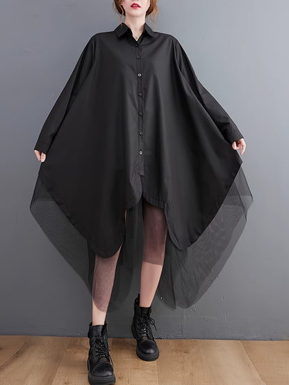 Asymmetric Hem Button Front Shirt, Stylish Long Sleeve Contrast Mesh Loose Blouse For Spring & Fall, Women's Clothing