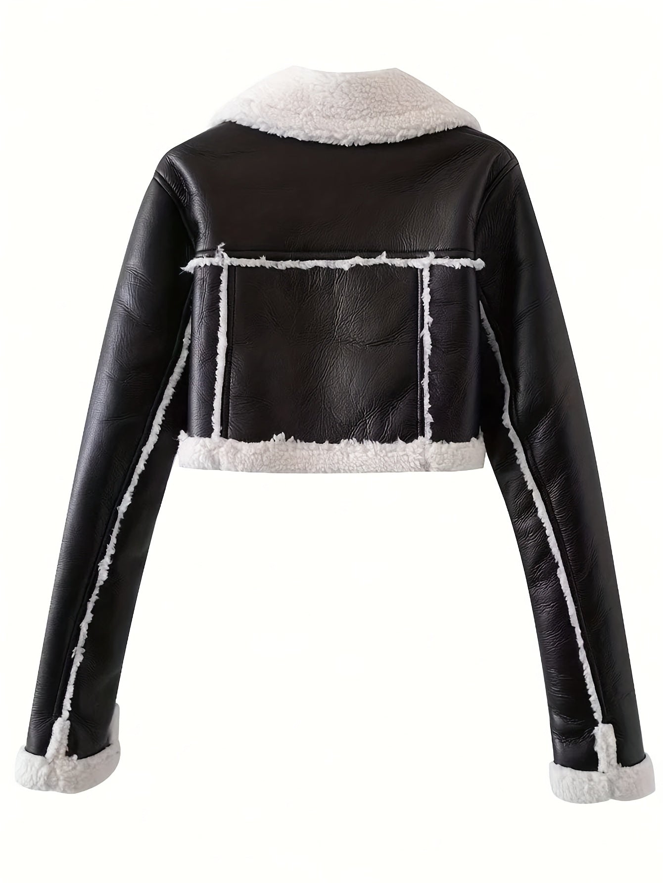 Women'S Elegant Teddy Lined Jacket with Turnover Sleeves, Zipper Closure, and Moto-Inspired Design - Vintage Streetwear Collar, Perfect for Fall/Winter