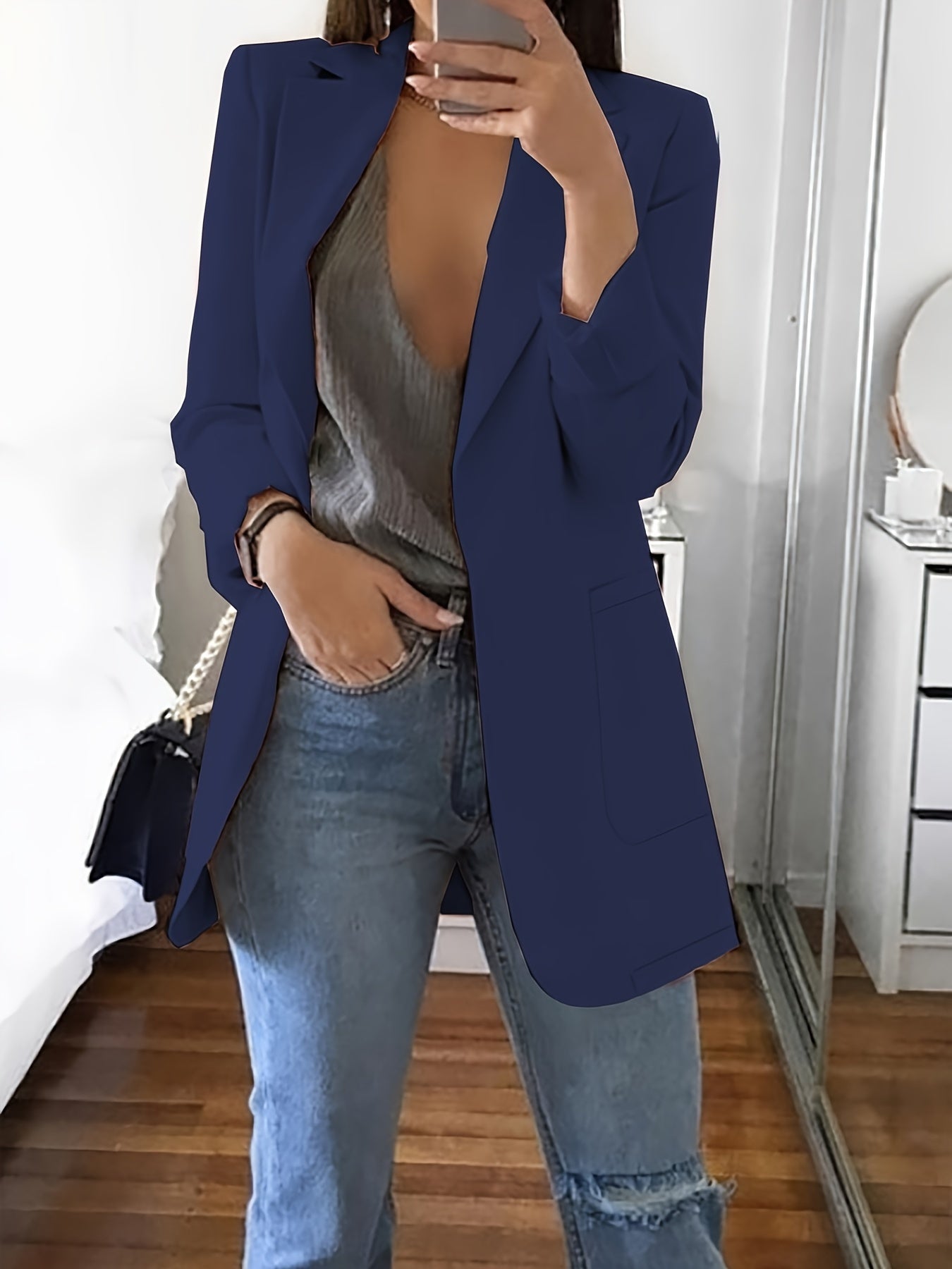 Stylish Blue Open Front Blazer for Women - Slim Fit, Long Sleeve, Casual Office & Work Jacket with Pockets, Lightweight Polyester, Machine Washable, Spring/Summer/Fall Wear, Casual Office Wear | Slim Fit Jacket | Glossy Finis