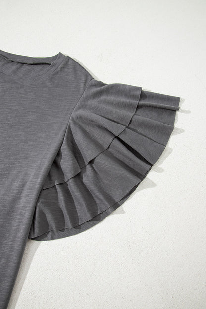 Dark Grey Double Ruffled Short Sleeve Plus Size Top