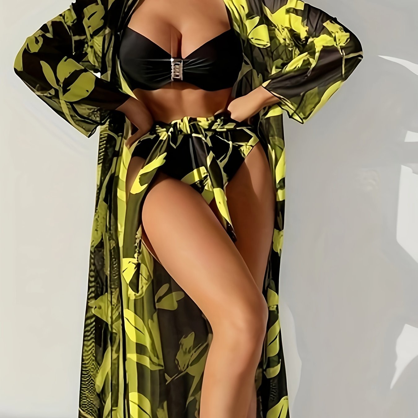 New European and American split swimsuit for women, fashionable hard cup steel support three-piece bikini, cross-border sunscreen mesh foreign trade swimsuit biki