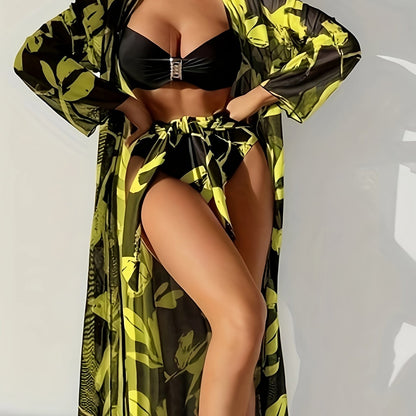 New European and American split swimsuit for women, fashionable hard cup steel support three-piece bikini, cross-border sunscreen mesh foreign trade swimsuit biki