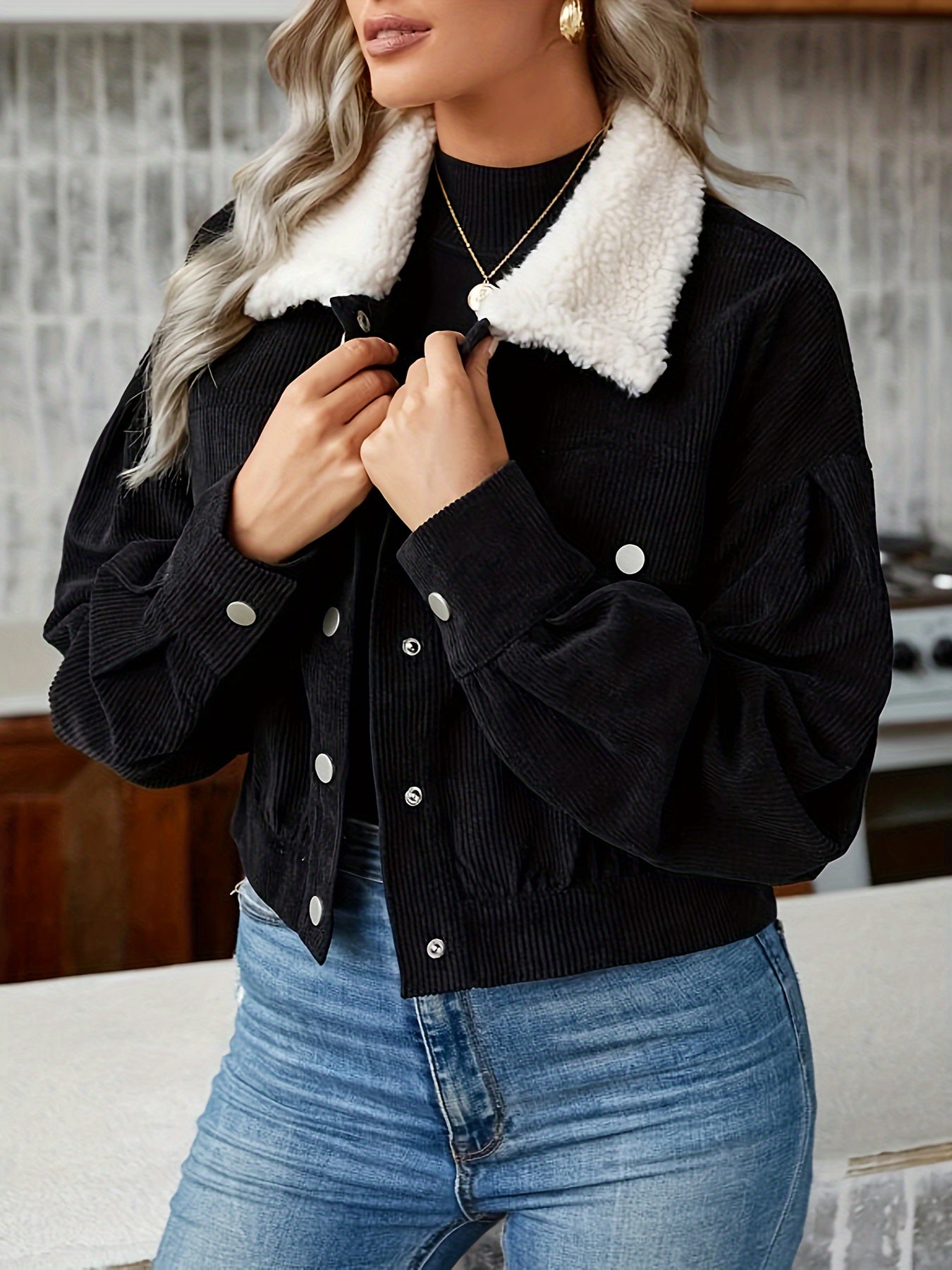 Button Front Fuzzy Lapel Jacket, Casual Long Sleeve Crop Jacket For Fall & Winter, Women's Clothing